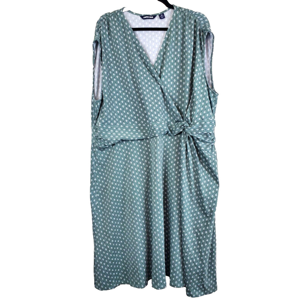 Lands End Plus SIZE‎ 3X Womens Sleeveless Dress Green Stretch Printed Knotted
